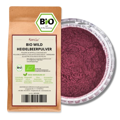Kamelur Bio Wild Heidelbeerpulver gefriergetrocknet aus EU-Landwirtschaft - 250g - Heidelbeer Pulver Bio aus wilden Heidelbeeren in biologisch abbaubarer Verpackung
