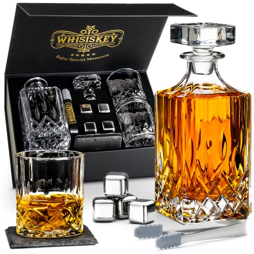 Whisiskey - Whisky Karaffe – Classic - Dekanter Set - Whiskey Set - 800ML - Geschenke für Männer - Männergeschenke - Inkl. 4 Whisky Steine, Zange & 2 Whisky Gläser