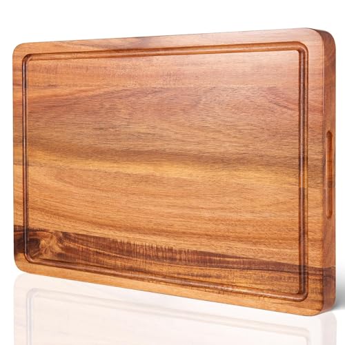 COCOBOSS Schneidebrett aus Akazienholz Schneidebrett Holz für Küche – mit Saftschlitz und praktischen Griffen (Mittelgroß-38x25x2,5cm)