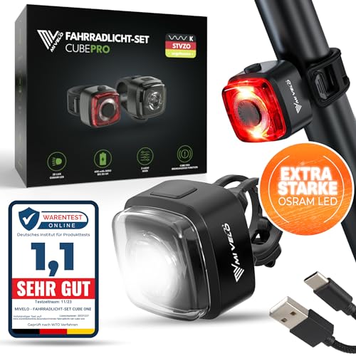 MIVELO CUBE PRO Fahrradlicht Set mit Bremsfunktion StVZO zugelassen Fahrradbeleuchtung USB-aufladbar & 100% wasserdicht LED Fahrrad Licht vorne & hinten Rücklicht, Fahrradbeleuchtung