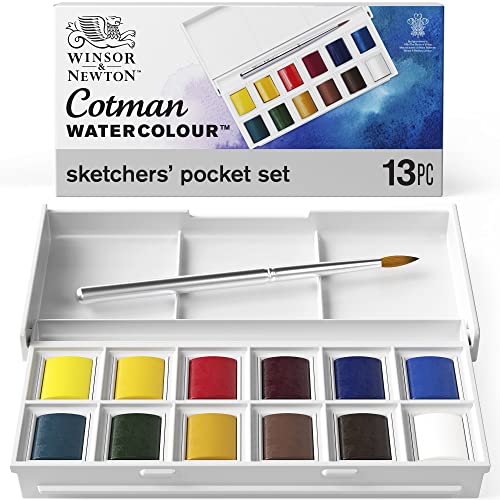 Winsor & Newton 0390640 Cotman Sketchers Pocket Box Aquarellfarbe, 12 hochwertige Wasserfarben in 1/2 Näpfen, 1 Pinsel, 1 Mischpalette