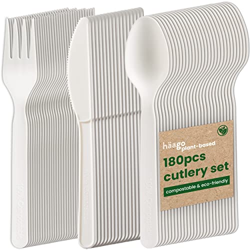 HAAGO 180-tlg. Besteck-Set Bioplastik Biologisch Abbaubar Kompostierbar (60x Messer, 60x Gabeln, 60x Löffel, Weiß) - Umweltfreundlich Ideal für Catering & Hochzeiten