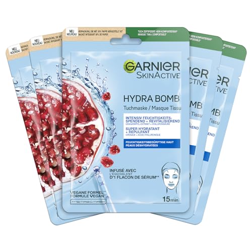 Garnier SkinActive Hydra Bomb Tuchmaske – intensiv feuchtigkeitsspendend und revitalisierend, mit Hyaluronsäure und Granatapfel-Extrakt, 5x28g