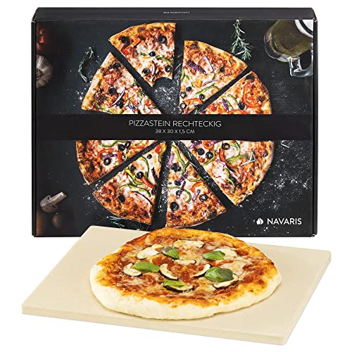 Navaris Cordierit Pizzastein XL für Backofen Grill - 38x30cm Pizza Stein Ofen Brot Backen Flammkuchen - Gasgrill Holz-Kohle Herd Teller inkl. Rezeptbuch