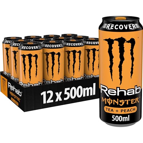 Monster Energy Rehab Peach - koffeinhaltiger Energy-Eistee mit Pfirsich-Geschmack - Energydrink ohne Kohlensäure - in praktischen Einweg Dosen (12 x 500 ml)