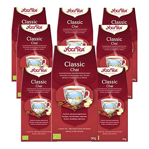 YOGI TEA, Classic Chai, Ayurvedischer Bio Gewürzteevon Natur aus koffeinfrei, Mischung aus Zimt, Kardamom und Ingwer, Yogi Tee loser Tee, 8er Pack à 90g (720g), Ideal als Geschenk