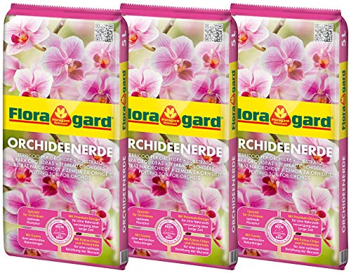 Floragard Orchideenerde 3x5L - für Phalaenopsis und andere Orchideenarten - mit Premium-Dünger und Pinienrinde