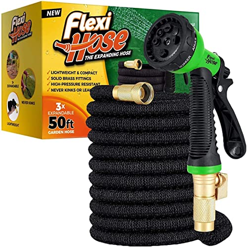 Flexi-Hose mit 8-Funktions-Düse, erweiterbarer Gartenschlauch, leichter und knickfreier flexibler Gartenschlauch, 3/4-Zoll-Armaturen aus massivem Messing und doppelter Latexkern, 50 Fuß, Schwarz