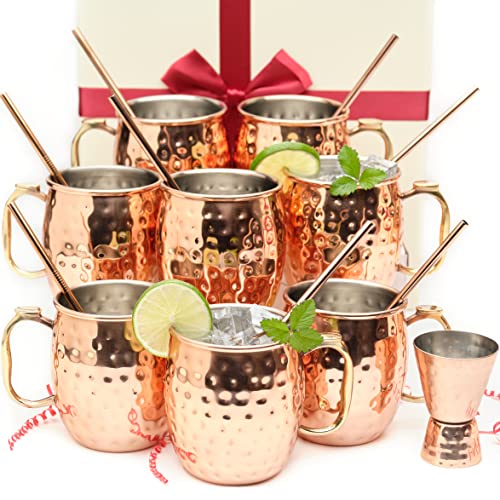 Kitchen Science Moscow Mule Kupferbecher mit Edelstahl-Innenfutter, 510 ml, 8 Kupfer-Trinkhalmen, 1 Kupferrührlöffel und 1 Strohhalmbürste.