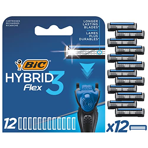 BIC Rasierklingen für Herren Rasierer Hybrid 3 Flex, 12er Nachfüllpack für den Nassrasierer mit 3 Titanium Klingen