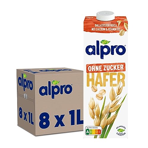 Alpro Haferdrink Ohne Zucker 8x1 L haltbar, vegan & laktosefrei, reich an Ballaststoffen, mit Calcium und Vitaminen