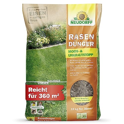 Neudorff RasenDünger Moos- & UnkrautStopp 18 Kg für 360m², organisch-mineralischer Dünger mit Eisen und Kalium für dichtes, saftiges Grün