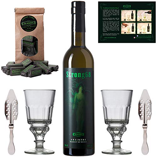 Absinth Set Strong68 | Original Absinth mit Wermut/Thujon | 2x Absinth Gläser / 2x Absinth Löffel / 1x Absinth Zuckerwürfel | (1x 0,5 l)