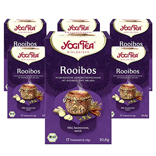 YOGI TEA, Rooibos, Ayurvedischer Bio Gewürz- und Kräutertee, von Natur aus koffeinfrei, Mischung aus Rooibos, Zimt und Nelken, Yogi Tee 6er Pack, 6x 17 Beutel (102 Teebeutel insgesamt)