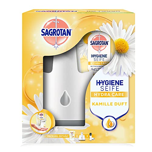 Sagrotan No-Touch Automatischer Seifenspender Weiß – Inkl. Sagrotan Nachfüller Lotusblüte und Kamille – 1 x 250 ml Flüssigseife