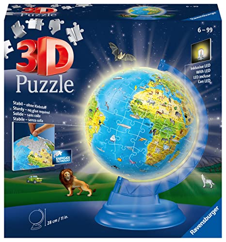 Ravensburger 3D Puzzle 11274 - Kinderglobus mit Licht in deutscher Sprache - 180 Teile - Beleuchteter Globus für Kinder ab 6 Jahren