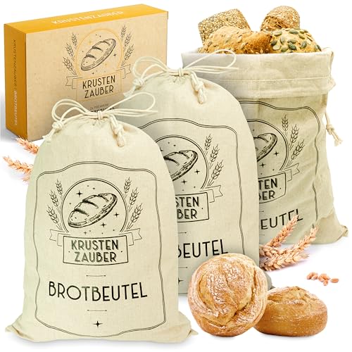 KRUSTENZAUBER Brotbeutel Leinen 3er Set - 3x Leinenbeutel 40x30cm zur Brotaufbewahrung - Idealer Brotsack, Brötchenbeutel, Brot Backen Zubehör Brotsackerl Brottasche Brot Aufbewahrung Frischhalten