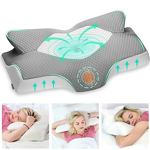 Elviros Orthopädisches Kissen aus Memory Foam, Seitenschläferkissen Nackenstützkissen Kopfkissen Nackenschmerzen Ergonomisches Schlafkissen für Nacken-und Schulterschmerzen 64 x 12,5/10,5 x 38cm, Grau