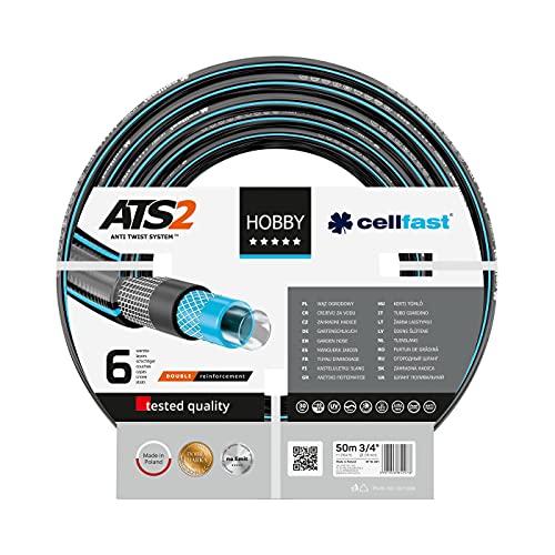 Cellfast Gartenschlauch Hobby, Formstabiler, Flexibel 6-lagiger Schlauch aus hochwertigem Doppelgeflecht mit Kreuz- und Trikotgewebe, 30 bar Berstdruck, 50m ,3/4 zoll, schwarz, '3/4'' 50m'