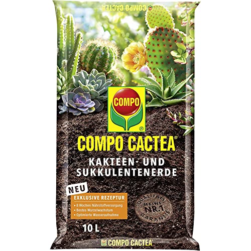 COMPO CACTEA Kakteenerde und Sukkulentenerde mit 8 Wochen Dünger für alle Kakteenarten und dickblättrige Pflanzen, Kultursubstrat, 10 Liter, Braun