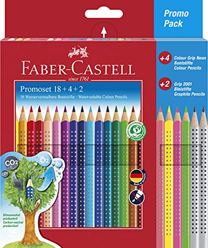 Faber-Castell 201540 - Buntstifte Set für Kinder und Erwachsene, 24-teilig, dreikant, bruchsicher, inkl. 4 Neonfarben und 2 Bleistiften