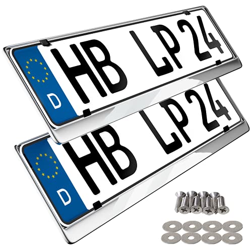 L & P Car Design 2 x Kennzeichenhalter in Edelstahl poliert - 100% Edelstahl -auch passend für gebogenen Stosstangen- INOX C.4580 (Chrom)