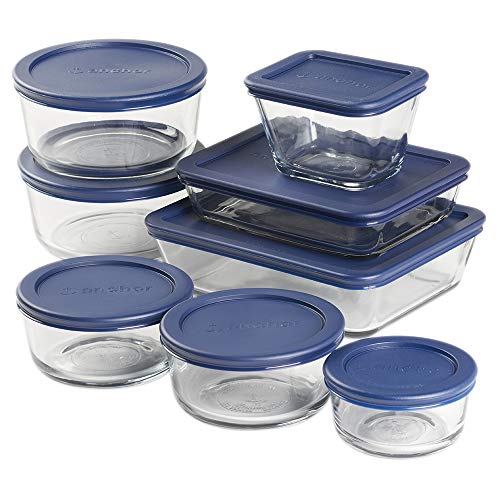 Anchor Hocking 16-teilige Glas-Vorratsdosen mit Deckel (8 Glas-Frischhaltedosen und 8 marineblaue SnugFit-Deckel)