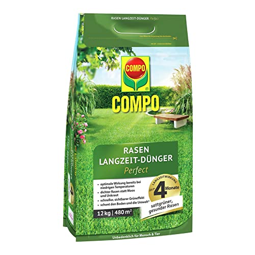 COMPO Rasen Langzeit-Dünger, Rasendünger mit 4 Monaten Langzeitwirkung, Feingranulat, 12 kg, 480 m²
