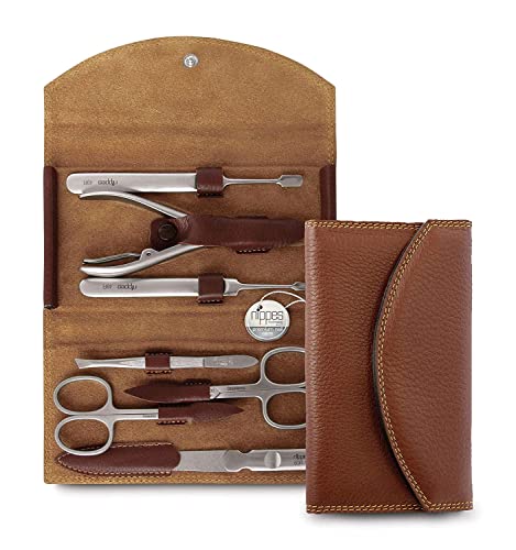 nippes Solingen Classic Premium-Maniküre Set, 7-teilig, Echtes Rindsleder-Nageletui, braun, Edelstahl nickel- & rostfrei, Nagelset, Nagelpflege Set, Made in Solingen/Germany
