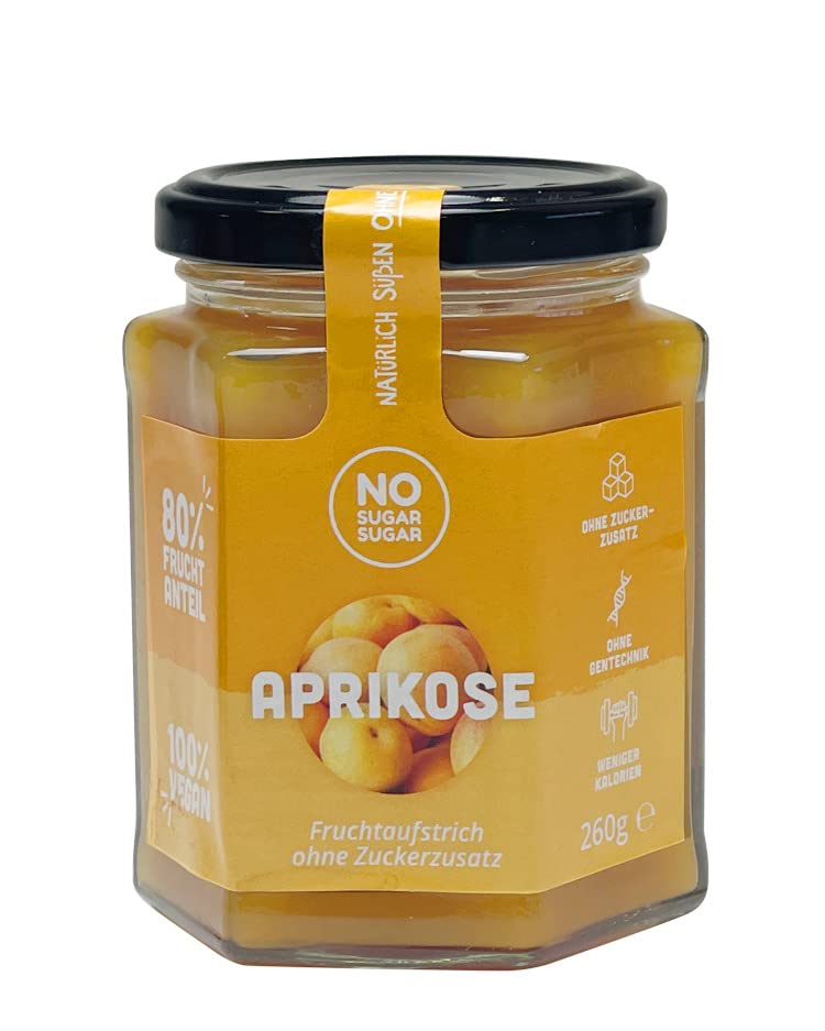 NO SUGAR SUGAR Fruchtaufstrich Aprikose/Marille ohne Zuckerzusatz mindestens 80% Fruchtanteil mit Erythrit und Stevia | Brotaufstrich Hergestellt in der EU (260g) (1x 260g)