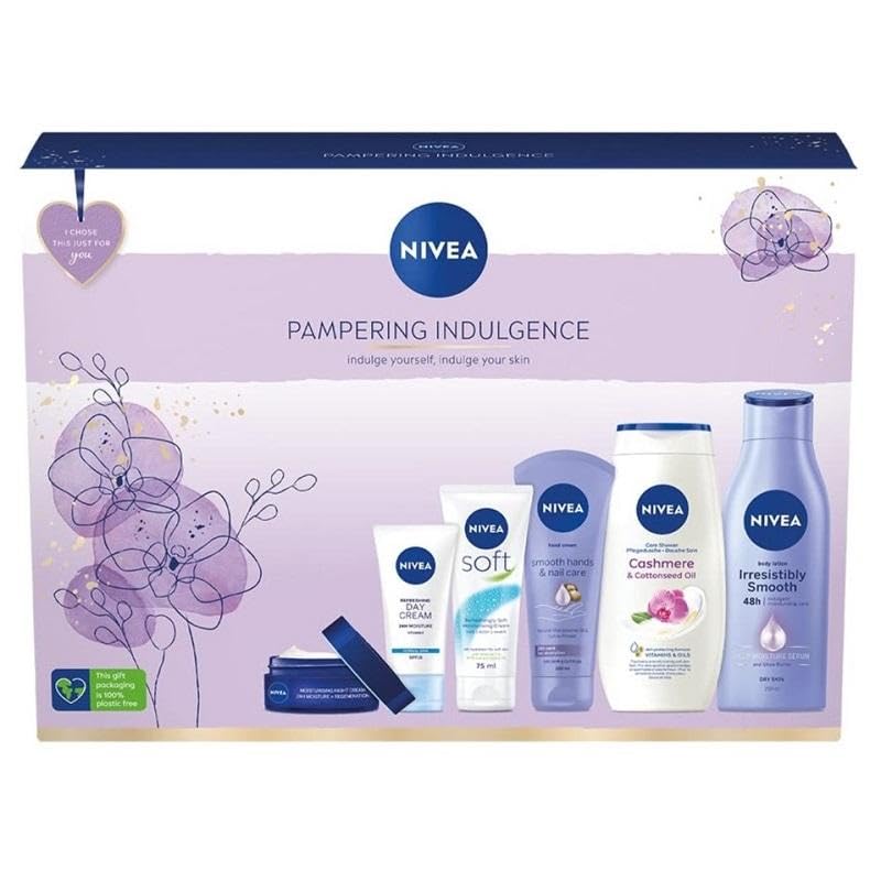 NIVEA Pampering Indulgence Geschenkset (6-teilig), Luxus NIVEA Geschenkset inklusive Duschcreme, Tages- und Nachtcreme, Body Lotion und mehr, Geschenke für Frauen