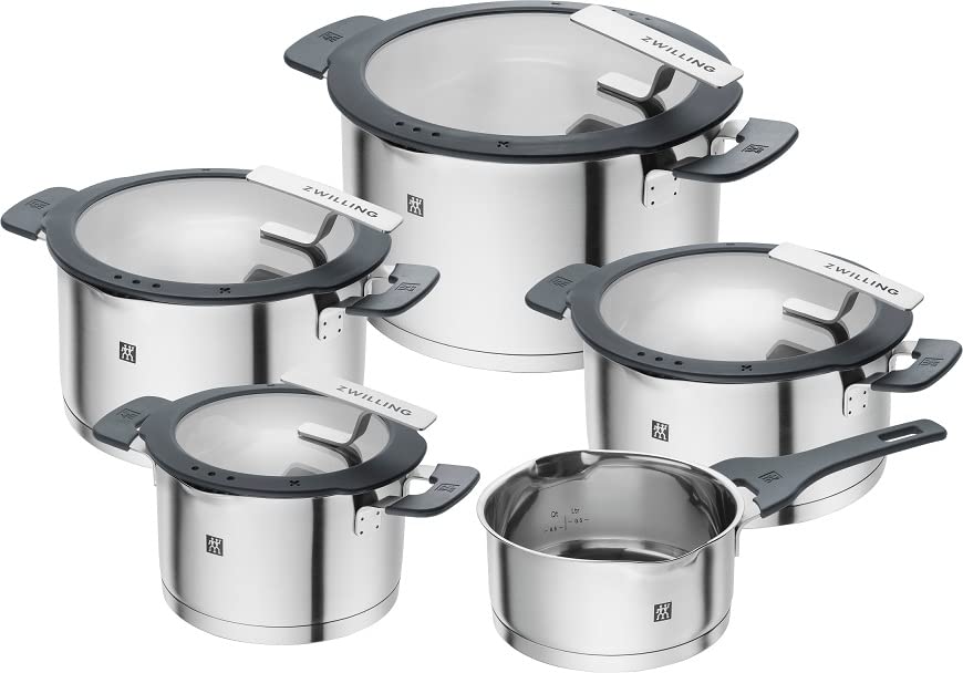 ZWILLING Simplify Edelstahl-Kochtopfset, 5-teilig, Mit integriertem Sieb im Deckel, Induktionsgeeignet, Silber-Schwarz
